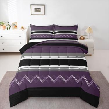 Imagem de jejeloiu Conjunto de edredom com listras modernas, tamanho Queen, bordado, ziguezague, para crianças, meninos, meninas, geométrico, arte listrada moderna, decoração de quarto, microfibra, 3 peças com