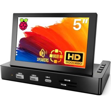 Imagem de ROADOM Mini monitor de 12 cm com orifícios de montagem Raspberry Pi e hub USB, conexão de um cabo tipo C e alto-falantes, base de armazenamento multifuncional, tela IPS de bolso para monitoramento de