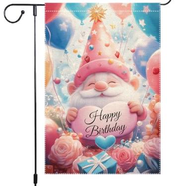 Imagem de Bandeira de jardim de aniversário 30 x 45 cm bandeira de serapilheira dupla face feliz aniversário bonito gnomo sinal de coração balões flores presentes decoração ao ar livre para quintal pátio