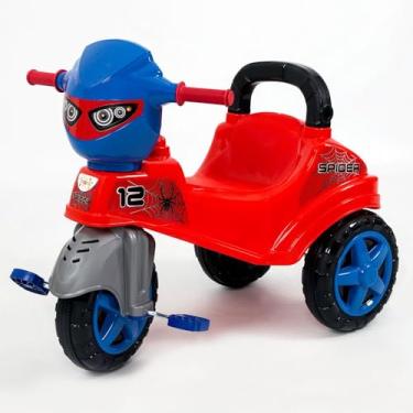 Imagem de Triciclo Spider Infantil 2 em 1, Vermelho e Azul, com Haste Removível e Pedal, Carrinho de Passeio