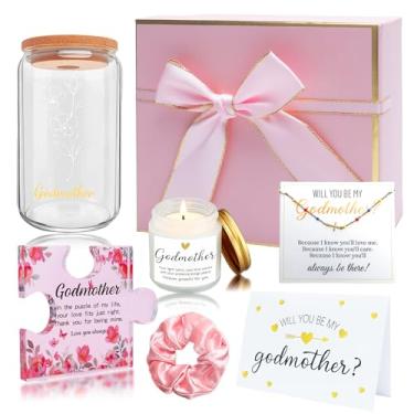 Imagem de EccoCove Conjunto de 5 peças de presente de pedido de madrinha – Will You Be My Godmother? Cartão, quebra-cabeça acrílico, vela de cera de soja, pulseira ajustável e copo de vidro floral – presente de