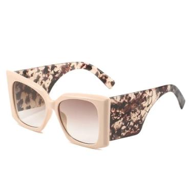 Imagem de HCHES Óculos de Sol Femininos Retrô com Estampa de Leopardo Degradê, Hastes Super Largas e Grossas, Armação Grande (Bege/Marrom)