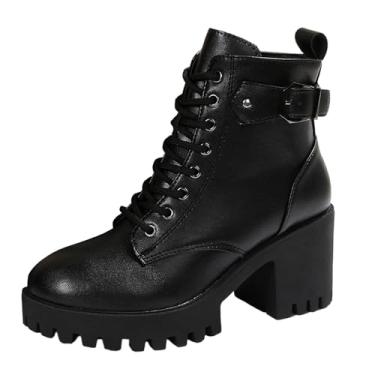 Imagem de Botas femininas modernas, casuais, casuais, com cadarço, zíper lateral, salto grosso, cano curto, cabeça grande, salto alto, Preto, 38