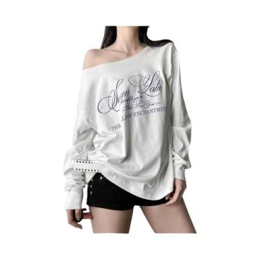 Imagem de Camisetas Casuais Femininas De Manga Longa Com Estampa De Letras, Ombr