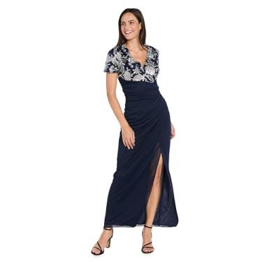 Imagem de R&M Richards Vestido maxi com corpete floral enfeitado com decote em V e chiffon com fenda alta | Vestido formal para noite, Azul marinho/prata, 58