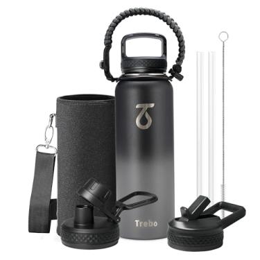 Imagem de Garrafa térmica de água Trebo, 3 tampas e alça, aço inoxidável isolado a vácuo, antivazamento, sem BPA, mantém frio 48 h, melhor presente unissex, para férias, uso ao ar livre, 1,2 L, cinza-escura