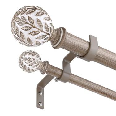 Imagem de Wolistsa Varões de cortina duplos de madeira desgastada para janelas de 91 a 182 cm, mastro decorativo de cortina resistente de 2,5 cm com acabamentos de imitação de grão de madeira