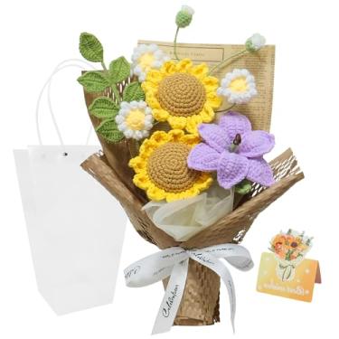 Imagem de Syagnos Buquê de flores de crochê, buquê de girassol tricotado feito à mão com bolsa de presente e cartão comemorativo, flor de crochê para amantes, familiares, amigos, aniversário, casamento, dia das