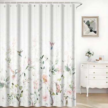 Imagem de TTQYFNM Cortina de chuveiro de pássaros florais aquarela flores rosas verdes folhas de eucalipto cortina de chuveiro para banheiro decoração de banheira tecido poliéster impermeável conjunto de