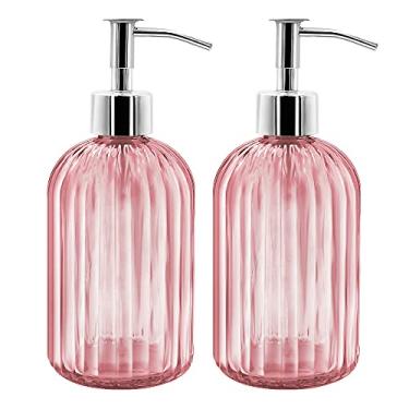 Imagem de Pacote com 2 frascos dispensador de sabão de vidro rosa com bomba, dispensador de líquido recarregável de 400 ml para banheiro, bancada, cozinha, lavanderia
