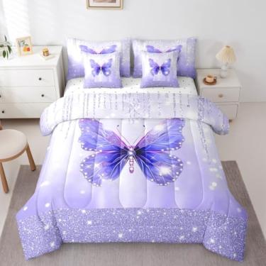 Imagem de Feelyou Conjunto de edredom de borboleta com 7 peças, tamanho casal, princesa, sonhadora, para crianças, meninos, meninas, glitter, para decoração de quarto de borboletas em aquarela, microfibra leve
