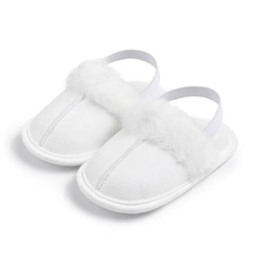 Imagem de Pantufas felpudas para bebês com tira no calcanhar, aconchegantes de lã para meninos e meninas, Branco, 1 Narrow Little Kid