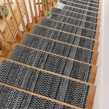 Imagem de Passos de escada antiderrapantes 20.3 cm x 76.2 cm escada passos, tapete de escada de borracha preto e branco geometria lavável reutilizáveis degraus de escada para degraus de madeira, degraus de