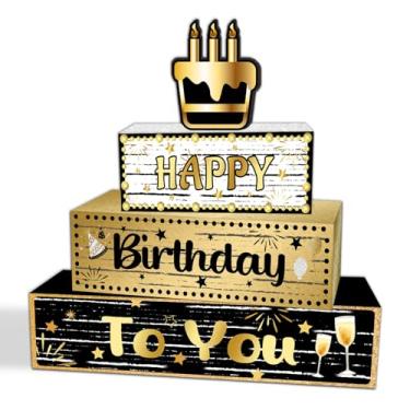 Imagem de 4 peças de centro de mesa de aniversário, placa de blocos de madeira de feliz aniversário, placa decorativa dourada preta para prateleira de mesa de escritório em casa, suprimentos de festa de