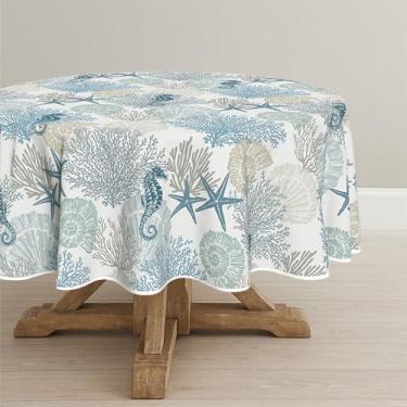 Imagem de Horaldaily Toalha de mesa redonda de verão, 228 cm x 234 cm, toalha de mesa lavável na praia azul marinho para decoração de festas, piqueniques, jantares