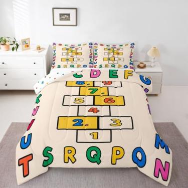 Imagem de jejeloiu Conjunto de cama alfabeto ABC macio para meninos e meninas, conjunto de edredom de solteiro, educacional, colorido, de microfibra, 2 peças com 1 fronha