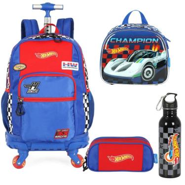 Imagem de Kit Mochila 4 Rodinhas Estojo Lancheira Garrafa Hot Wheels-Masculino