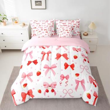 Imagem de Feelyou Conjunto de edredom com laço rosa para meninas, 7 peças, solteiro, cereja, para crianças, adolescentes, fofo, estilo princesa, decoração de quarto, microfibra leve e macia