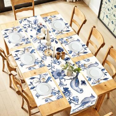 Imagem de ANNA QUEEN Conjunto de 6 corredores de mesa e jogos americanos florais azuis e brancos, 33 x 183 cm, decoração de mesa de jantar com flor de pássaro chinês, vintage para cozinha ou sala de jantar de 4