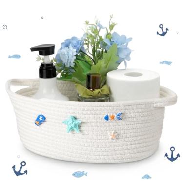 Imagem de Remerry Cesto de armazenamento de papel higiênico Boho branco caixa de corda de algodão com acessórios oceânicos para parte de trás do cesto de vaso sanitário organizador de banheiro decoração 30 x 20