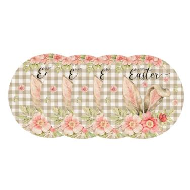 Imagem de Jogo americano redondo feliz Páscoa, orelhas de coelho com design floral, fundo padrão guingão