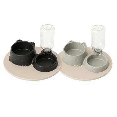 Imagem de Comedouro Duplo Anti Formiga para Cães e Gatos, Bebedouro Automático Pet com Suporte para Garrafa, Tigela Antiderrapante BPA Free(Kit Preto +. Cinza)