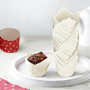 Imagem de 100 peças de forros de cupcake de tulipa branca, forros de muffin para assar, envoltórios de cupcake para feriados, festas, casamentos, aniversários, chuveiros, forros de copo de papel à prova de