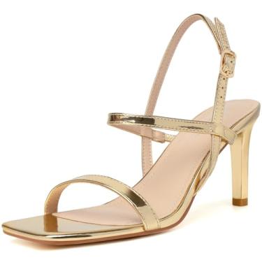 Imagem de Mostrin Sandálias femininas de salto alto com tiras quadradas, bico aberto, salto alto, tira no tornozelo, salto agulha para festa de casamento, Dourado, 38