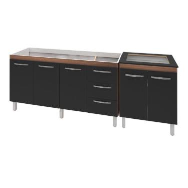 Imagem de Armário Cozinha Gabinete Pia De 140 cm Carina Com Balcão Cooktop 4 Bocas Savana Frente Preta Jade