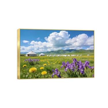 Imagem de BMZFYBS Impressão em tela de paisagem pronta para pendurar - nuvens flores de pastagem - pintura de arte de parede - decoração de casa moderna imagem moldura dourada 20 x 30 cm 8 x 12 pol