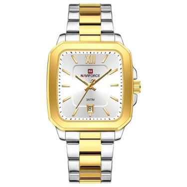 Imagem de Relógio De Quartzo Masculino Casual Mostrador Quadrado Em Aço Inoxidável Impermavel Branco Dourado