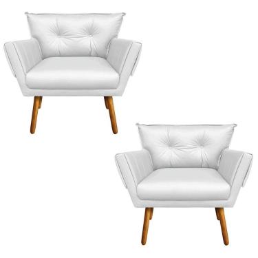 Imagem de Kit 02 Poltronas Corino Branco Pés Palito Castanho D´rossi