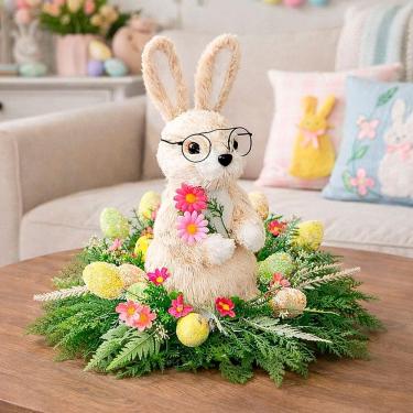 Imagem de Arranjo Páscoa Coelho Com Flores Decoração Centro Mesa 35cm