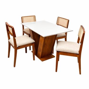 Imagem de Mesa de Jantar Classic 120x80cm com Vidro e 4 Cadeiras Canada em Linho Madeira Cel Móveis Cor Cinamomo Off White com Tecido Bege