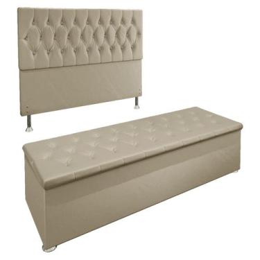 Imagem de Kit Cabeceira e Calçadeira Baú Casal 1,40m Madrid Suede Bege - Pallazi