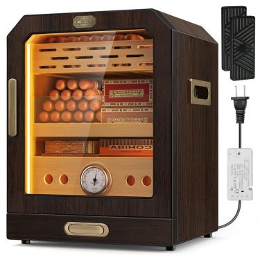 Imagem de Umidor de Charutos com Porta Magnética Iluminada, Gaveta para Acessórios e 2 Umidificadores. Armazenamento de 3 Camadas, SEMKONT