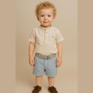 Imagem de Bermuda Social Infantil Masculina Linho Azul C/ Cinto Bolso faca e Bol