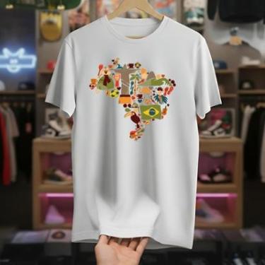 Imagem de Camiseta Masculina Branca Mapa Brasil Colorido Algodão Premium Camisa Estilo Nacional-Masculino