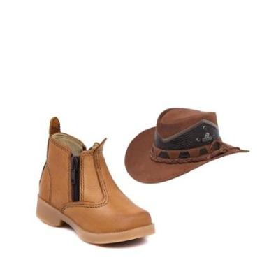Imagem de Kit Botina Infantil Country Conforto Antiderrapante + Chapéu Em Couro Agro Forrado-Masc...