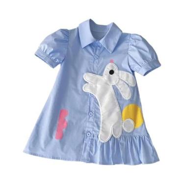 Imagem de Vestido Azul De Manga Curta Com Estampa De Coelho Para Meninas Pequena