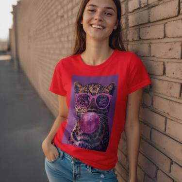 Imagem de Camiseta Feminina Tigre Óculos Rosa Bolha Estampa Moderna Camisa Casua