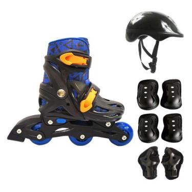 Imagem de Patins Infantil Kit Proteção 4 Rodas Menino Ajustável Azul - DM RADICA