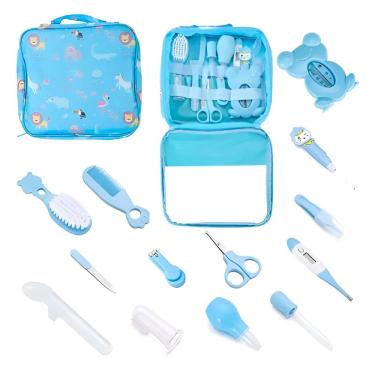 Imagem de Kit Higiene e Cuidados para Bebê 13 Peças com Bolsa Transparente e Termômetro Azul