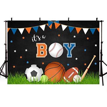 Imagem de Mehofoto Sports Boy Chá de Bebê Fundo de foto Blackboard Basquete Beisebol Futebol Tênis de Futebol It's A Boy Party Decorações Bandeira Fotografia Acessórios de Fundo para Bolos Suprimentos de Mesa 7x5ft
