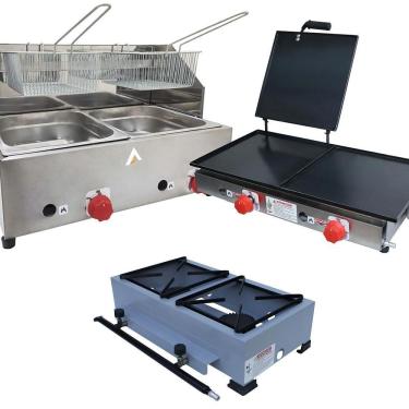 Imagem de Kit Lanchonete Fogão Portátil 2 Bocas + Chapa 60cm Prensa e Fritadeira 2 Cubas 5 Litros Alcamar