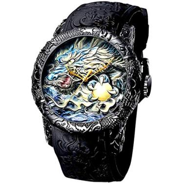 Imagem de Relógio automático masculino fashion gravado em 3D Dragon impermeável grande mostrador relógio de pulso esportivo, Full Black, 50mm