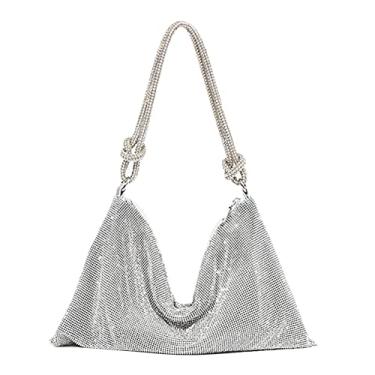 Imagem de Bolsas femininas com strass chiques e brilhantes para noite, bolsa Hobo brilhante, bolsa clutch prateada brilhante para festa, clube, casamento, A01, 13.4x6.3x0.4in