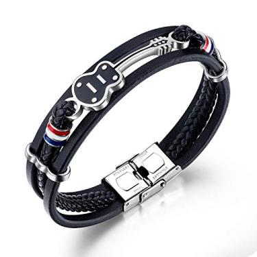 Imagem de Pulseira masculina de couro preto e punho da Temico, várias camadas, couro de vaca feita à mão, corda, guitarra, pulseira