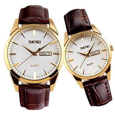 Imagem de Par de relógios para casais, homens e mulheres, conjunto de relógio dele e ela, marido, esposa, dia dos namorados, relógio de pulso combinando, presentes de casamento, à prova d'água, moda empresarial, quartzo, calendário analógico SKMEI, Pulseira marrom * Caixa dourada * Mostrador branco, Clássico