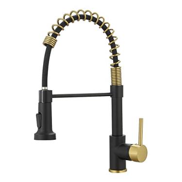 Imagem de Torneira de cozinha preta fosca, WOTOKOL torneira de cozinha preta e dourada com pulverizador puxador para baixo Torneira de pia de cozinha com alça única preto fosco e dourado